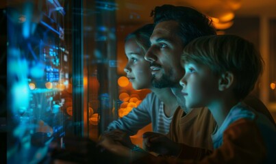 Obraz premium A man and two children looking at a screen with lights. Generative AI.