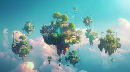 A computer generated image of a city in the sky with many buildings and trees. The sky is blue and the clouds are white