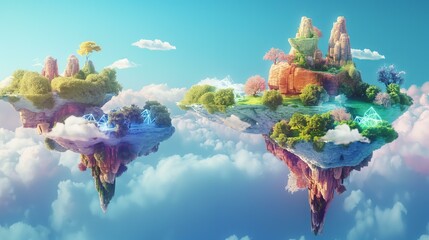 A colorful, fantastical scene of a sky with two islands floating in the air. The sky is filled with clouds and the islands are surrounded by trees and water. Scene is whimsical and imaginative