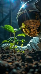 Naklejka premium A man in an astronaut suit looking at a plant growing. Generative AI.