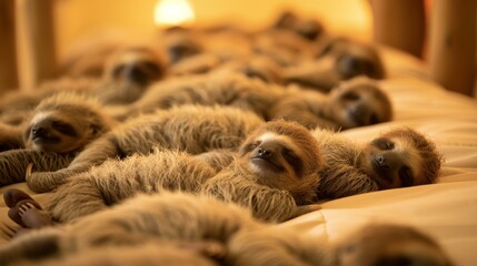 Fototapeta premium A group of sloths are laying on a bed together. Generative AI.