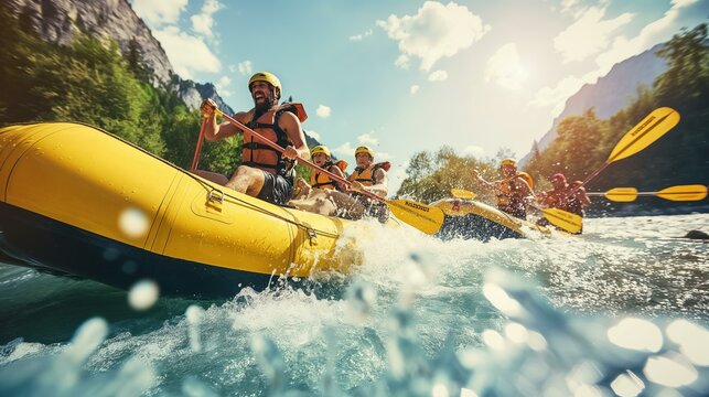 A group of people are rafting down a river in a yellow raft. The water is choppy and the group is having a great time