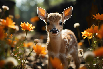 Cute baby deer prancing through a garden, their innocence and grace captured in a stunning high-resolution photograph.