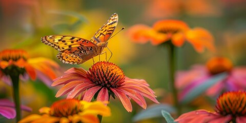 A butterfly on a flower with many other flowers in the background. Generative AI.