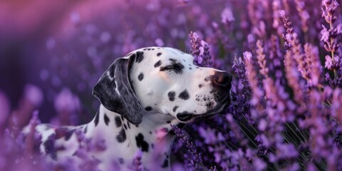 Dalmatian dog in lavender field. Generative AI.