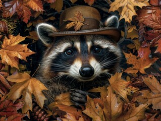 A raccoon wearing a hat and surrounded by leaves. Generative AI.