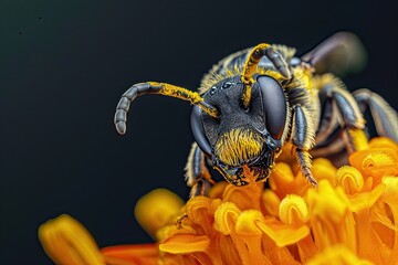 Mystic portrait of Stingless Bee on flower essence, beside view, full body shot, Close-up View, 