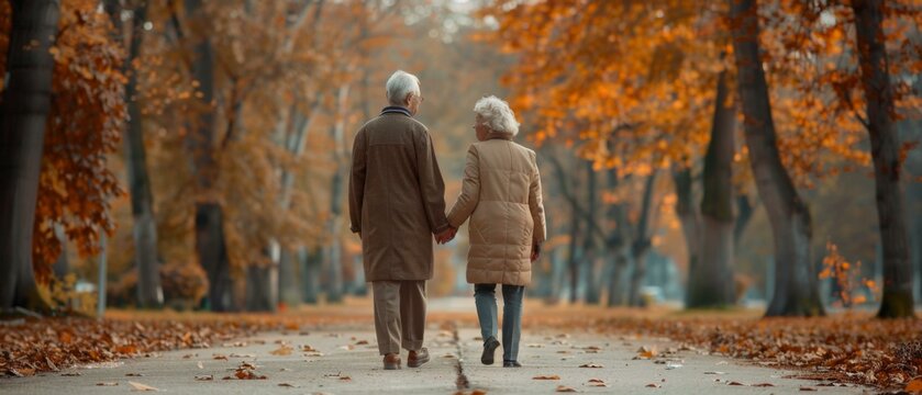 An older couple holding hands walking down a path in the fall. Generative AI.