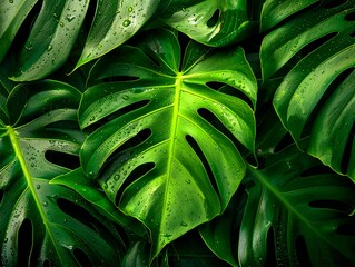 Glistening water droplets adorn the deep green, heart-shaped leaves of the Monstera, adding a layer of freshness and vitality to the tropical plant.