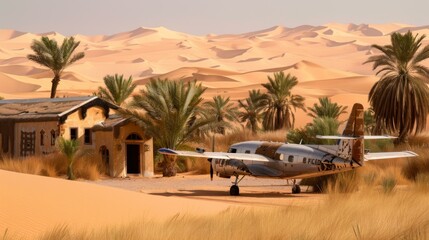 A small plane parked in front of a building in the desert. Generative AI. - Powered by Adobe