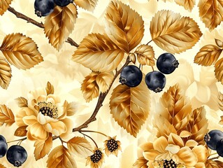 A classic wallpaper design featuring a pattern of golden flowers, ripe berries, and autumnal leaves set against a cream background.