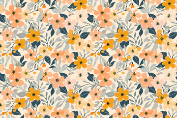 Bright floral pattern with a mix of flowers and leaves in pastel colors