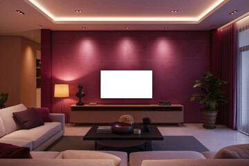 Living room interior with sofa and TV cabinet, screen mockup