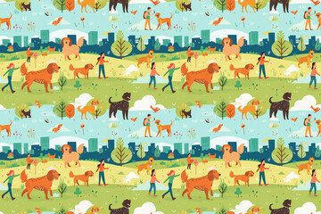 Urban dog walking pattern with diverse breeds and people