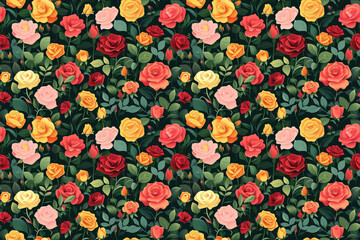 Lush rose blooms and buds in a dense, dark green floral pattern