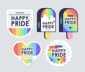 LGBT rainbow trendy stickers collection. Pride month, happy pride day, love is love.