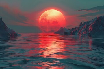 Red Moonrise Over Crimson Tide. Concept Lunar Phenomenon, Ocean Views, Astronomy, Nature Photography, Spectacular Red Moonrise - obrazy, fototapety, plakaty