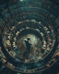 A man standing in a circular library with books. Generative AI.