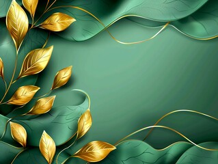 A graceful composition of golden leaves and delicate lines on an emerald green backdrop, symbolizing luxury, growth, and vitality in nature-inspired art.