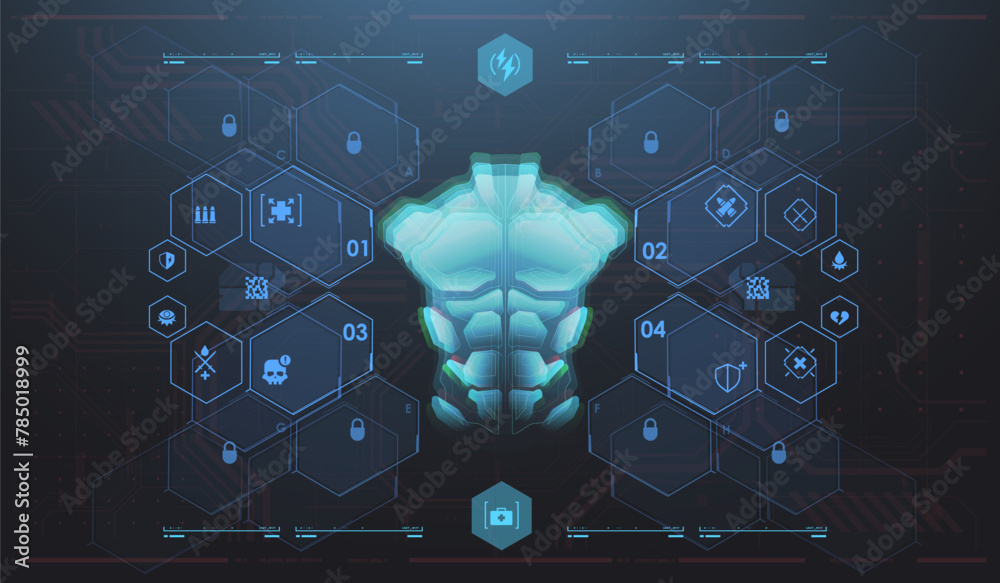 Poster Game UI elements in cyber style. Futuristic interface ui. Holographic hud user interface elements, high tech bars and frames.