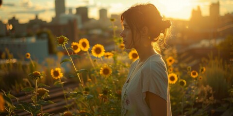 A woman standing in a field of sunflowers with city skyline behind her. Generative AI.