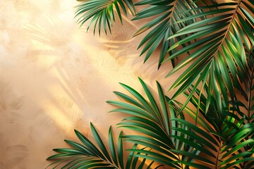 Vibrant green palm leaves overlapping on a textured golden background, casting soft shadows and radiating tropical warmth.