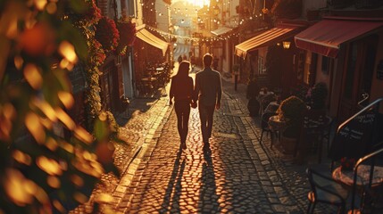 A couple walking down a cobblestone street at sunset.