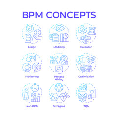 BPM blue gradient concept icons. Workflow managing, operational efficiency. Lean management. Icon pack. Vector images. Round shape illustrations for article, infographic. Abstract idea