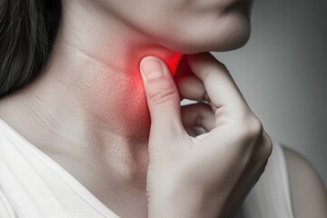 Person is experiencing a sore throat, depicting the discomfort and irritation of a throat ailment, medical attention for soothing relief and recovery, discomfort, colds disease virus bacteria