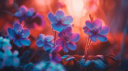 Blue flowers with pink and purple petals in the sun. Generative AI.