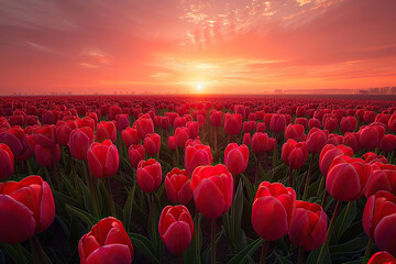 A huge beautiful plantation of red tulips at sunset. Natural background of incredible beauty. Generative AI