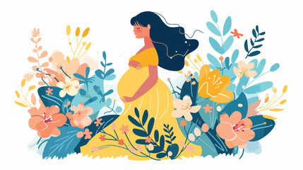 Cute pregnant woman in flowers and with a calendar. 