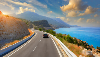 Car driving on the road of Europe. Road landscape in summer. Highway view on the coast on the way to summer vacation