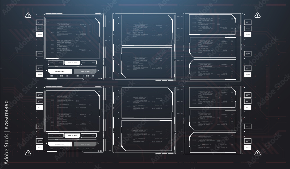 Poster Game UI elements in cyber style. Futuristic interface ui. Holographic hud user interface elements, high tech bars and frames.