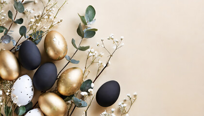 top view perspective of grand black and gold eggs, authentic eucalyptus twigs, gypsophila blossoms, arrayed on soft beige surface, offering space for text or marketing purposes - Powered by Adobe