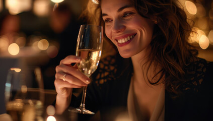 A woman smiling while holding an elegant glass of champagne, sitting at the table with friends in a modern restaurant.