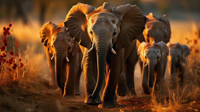 Curious baby elephants exploring the savannah, their small trunks and wide eyes capturing the innocence and wonder of these majestic creatures.