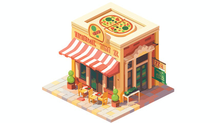 Pizza restaurant and shop building. Flat and isometric