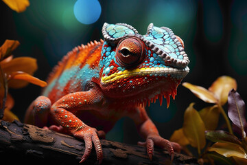 Colorful chameleon perched on a branch, showcasing a spectrum of vivid hues in its natural habitat - obrazy, fototapety, plakaty