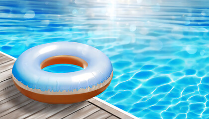 Fototapeta na wymiar Inflatable ring on edge of swimming pool. Banner for summer sale