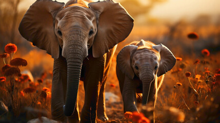 Curious baby elephants exploring the savannah, their small trunks and wide eyes capturing the innocence and wonder of these majestic creatures. - obrazy, fototapety, plakaty