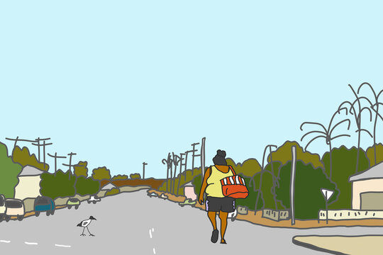 Aboriginal woman in yellow singlet walking down country town street with ibis nearby