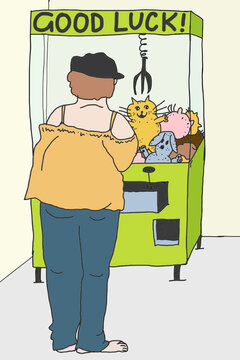 Barefoot woman trying to win soft toy at coin slot machine