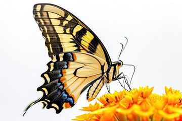 Mystic portrait of Tiger Swallowtail Butterfly on flower in studio, copy space on right side, Headshot, Close-up View,