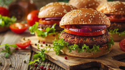 Natural Vegan Temptation: Appetizing Product Photography of Vegan Burgers with Plant-Based Wheat Patty on a Wooden Board Background