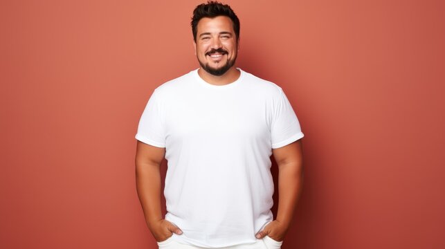 joyful young hispanic plus size body positive male man boy guy 30s in white blank design casual t-shirt posing color background studio portrait, ai