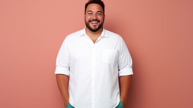 joyful young hispanic plus size body positive male man boy guy 30s in white blank design casual t-shirt posing color background studio portrait, ai