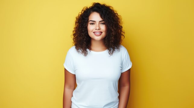 joyful young hispanic plus size body positive female woman girl 30s in white blank design casual t-shirt posing color background studio portrait, ai