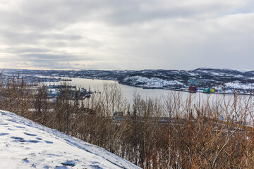 Fototapeta na wymiar view of the historic city center beyond the Arctic Circle in early spring in Murmansk, Russia