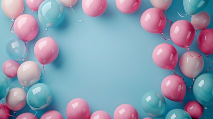Festive Birthday Celebration Frame with Balloons, Pastel Blue Background with Chaotic Charm